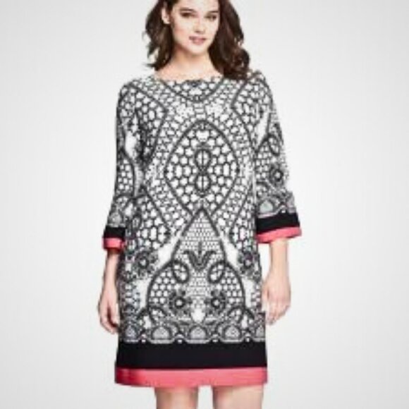 Eliza J A-line Shift 3/4" Sleeves Dress Black White Pink Size 12 - Picture 1 of 13